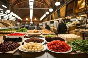 uma mercado com grande quantidade do legumes e fruta. gerado por IA foto