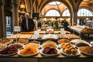 uma homem é em pé dentro frente do uma exibição do Comida. gerado por IA foto