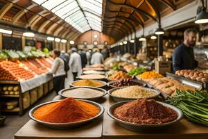 uma mercado com muitos taças do especiarias e legumes. gerado por IA foto