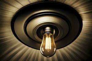 uma luz lâmpada é em uma parede dentro uma Sombrio sala. gerado por IA foto