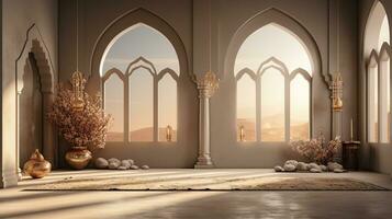 fundo para a islâmico feriado do Ramadã dentro uma minimalista estilo, com uma pódio, com luz solar, dentro luz bege delicado tons e elementos do natureza. ai gerado foto