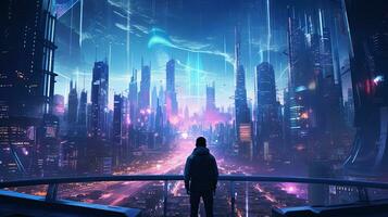 pessoa Visão a partir de a rua do uma detalhado cyberpunk cidade com muitos luzes foto