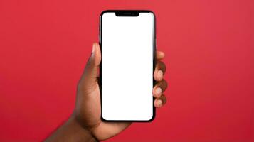 brincar Smartphone com em branco tela dentro mão em vermelho fundo foto