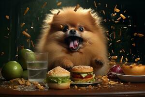 lindo pomerânia spitz sentado às uma mesa, delicioso hamburguer e fritas foto