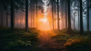 nascer do sol dentro a nebuloso floresta foto