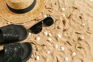 verão roupa de praia, giro fracassos, chapéu, oculos de sol e conchas do mar em areia de praia. foto