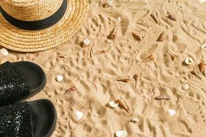 verão roupa de praia, giro fracassos, chapéu e conchas do mar em areia de praia. foto