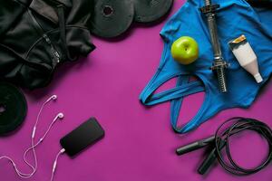 ginástica fêmea equipamento fundo topo visualizar. conjunto do esporte roupas e equipamento para mulheres, ativo estilo de vida foto