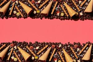 chocolate drageia e waffle cones colocada dentro fascinante ordem em coral fundo, Visão a partir de acima foto