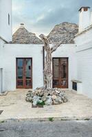 lindo Cidade do alberobello com trulli casas entre verde plantas e flores, Puglia região, sulista Itália. foto