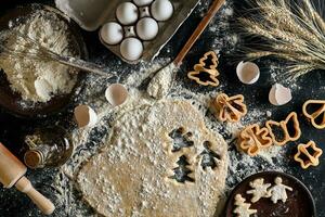 massa para gengibre biscoitos enrolado acima em uma mesa e cortar usando Bolores foto