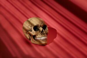 realista modelo do uma humano crânio com dentes em uma vermelho listrado fundo. médico Ciência ou dia das Bruxas Horror conceito. foto