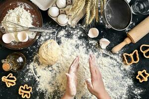 mulher mãos amassar massa em mesa com farinha, ovos e ingredientes. topo visualizar. foto