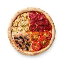 pizza com calabresa, champignons, tomate e queijo. quatro sabores dentro 1 pizza em branco fundo. foto