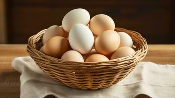 ovos dentro uma cesta em uma de madeira mesa. fechar-se. generativo ai foto