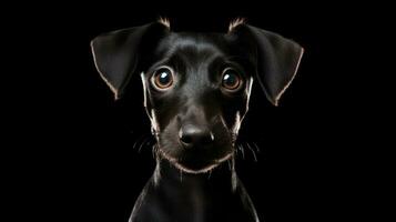 fechar acima retrato do engraçado Preto miniatura dachshund cachorro em Preto fundo generativo ai foto