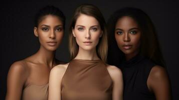 grupo do mulheres com diferente pele cores. beleza e moda conceito. generativo ai foto
