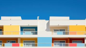 moderno apartamento edifícios em uma ensolarado dia com uma azul céu. fachada do uma moderno apartamento construção generativo ai foto