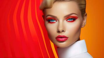 moda retrato do lindo Loiras mulher com brilhante Maquiagem e vermelho lábios generativo ai foto
