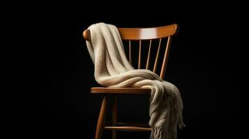 caloroso tricotado cachecol em uma de madeira cadeira em uma Preto fundo generativo ai foto