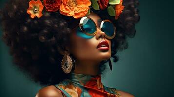 lindo africano americano mulher com afro Penteado e oculos de sol generativo ai foto