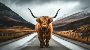 terras altas vaca cruzando a estrada dentro Glencoe, Escócia, Reino Unido generativo ai foto