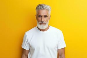 retrato do bonito Senior homem dentro branco camiseta em amarelo fundo generativo ai foto