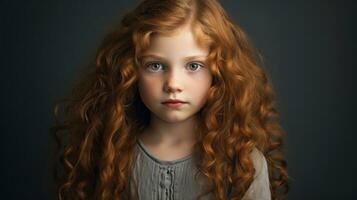 retrato do uma lindo pequeno menina com grandes encaracolado vermelho cabelo. generativo ai foto