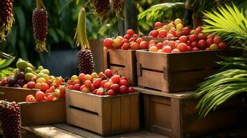 recentemente escolhido Palma fruta a partir de jardim colocada dentro a caixas. generativo ai foto