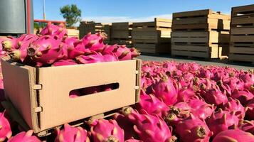 recentemente escolhido pitaya fruta a partir de jardim colocada dentro a caixas. generativo ai foto