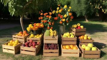 recentemente escolhido enau fruta a partir de jardim colocada dentro a caixas. generativo ai foto