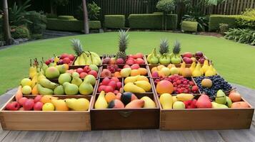 recentemente escolhido kiwamo fruta a partir de jardim colocada dentro a caixas. generativo ai foto