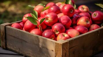 recentemente escolhido maçã fruta a partir de jardim colocada dentro a caixas. generativo ai foto