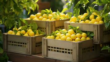 recentemente escolhido yuzu fruta a partir de jardim colocada dentro a caixas. generativo ai foto