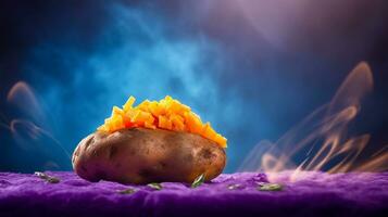 foto do doce batata fruta metade contra uma colorida abstrato fundo. generativo ai