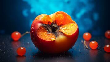 foto do caqui fruta metade contra uma colorida abstrato fundo. generativo ai