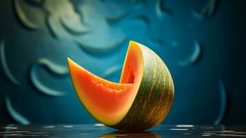 foto do Melão fruta metade contra uma colorida abstrato fundo. generativo ai