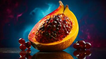 foto do Canistel fruta metade contra uma colorida abstrato fundo. generativo ai