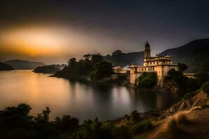 uma Igreja em uma Colina negligenciar uma lago às pôr do sol. gerado por IA foto