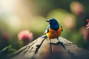 uma azul e laranja pássaro senta em uma de madeira prancha. gerado por IA foto