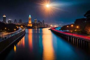 uma cidade Horizonte às noite com uma rio e uma ponte. gerado por IA foto