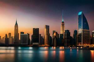 a cidade Horizonte às pôr do sol dentro dubai. gerado por IA foto