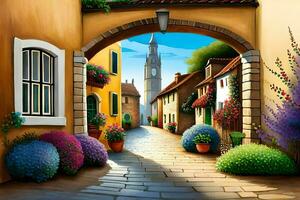 a artístico pintura do uma rua com flores e edifícios. gerado por IA foto