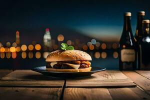 uma hamburguer e vinho em uma de madeira mesa com uma paisagem urbana dentro a fundo. gerado por IA foto