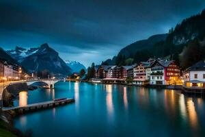 a Cidade do Hallstatt, Suíça, às noite. gerado por IA foto