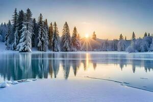 a Sol sobe sobre uma congeladas lago dentro inverno. gerado por IA foto