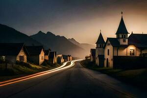 uma rua dentro a montanhas com uma Igreja e luz trilhas. gerado por IA foto