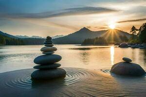 a Sol conjuntos sobre uma lago com pedras empilhado em topo. gerado por IA foto