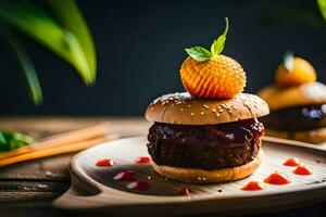 uma Hamburger com uma cereja em topo. gerado por IA foto