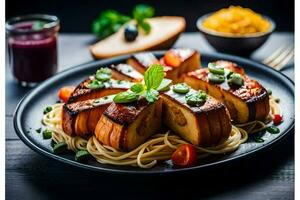 uma prato do espaguete com carne e legumes. gerado por IA foto